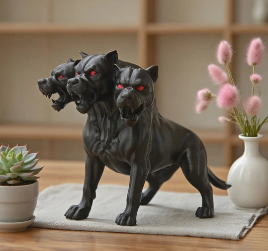 Three-headed black hellhound statue with red eyes